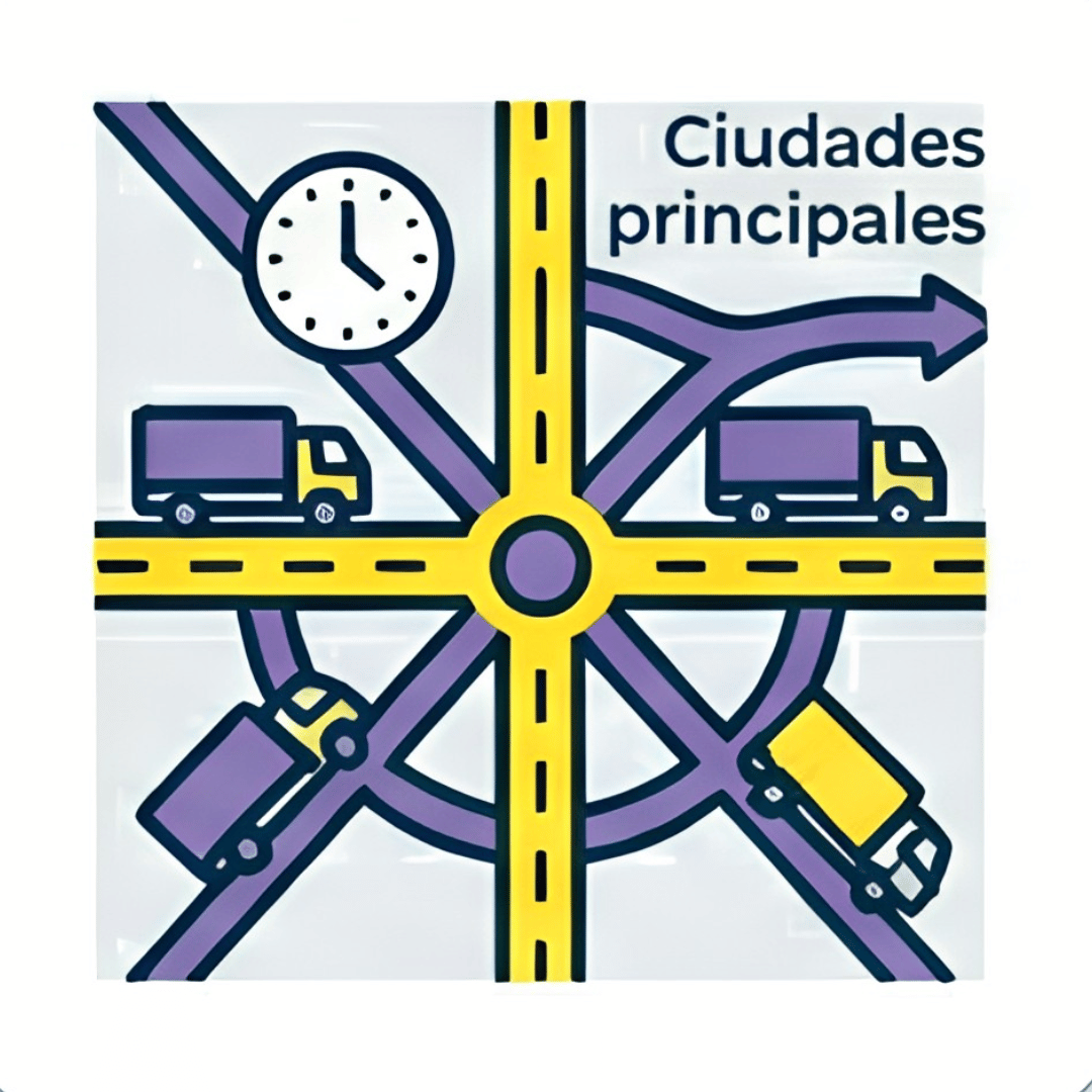 Icono de cruce vial con camiones y acceso a las ciudades principales