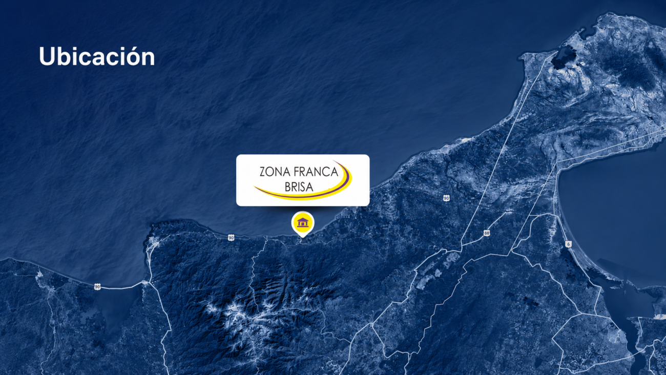 Mapa satelital del Caribe colombiano con la ubicación de Zona Franca Brisa