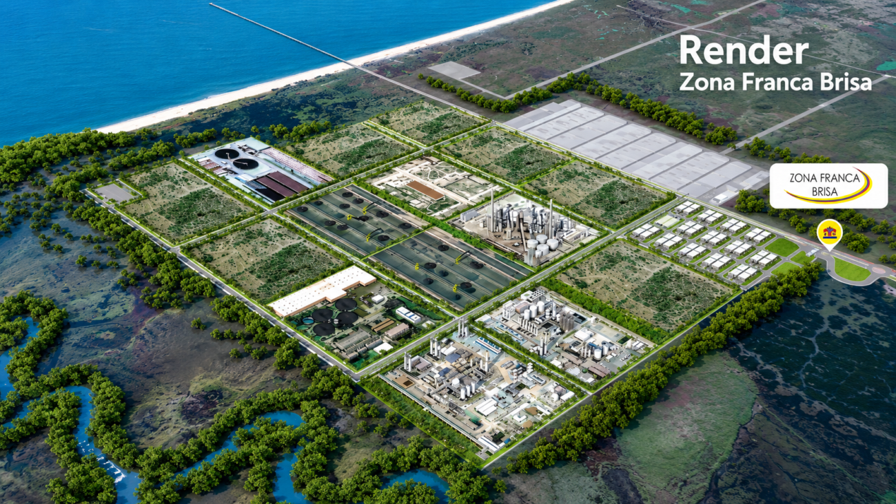 Render aéreo del desarrollo urbanístico proyectado de Zona Franca Brisa