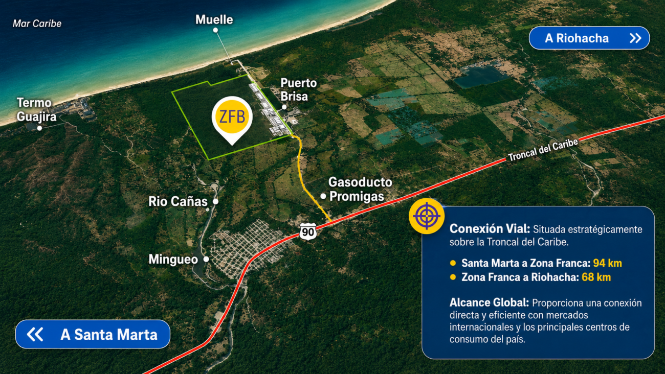 Mapa de conexión vial de Zona Franca Brisa sobre la Troncal del Caribe